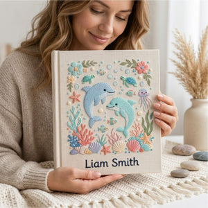Hand Embroidered Baby Photo Album, Personalized Ocean Baby Book, Custom Name Dolphin Sea Animal Nursery Keepsake, Baby Shower Gift