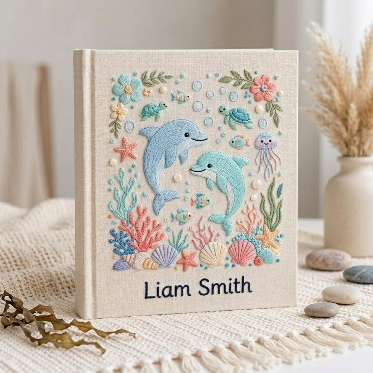 Hand Embroidered Baby Photo Album, Personalized Ocean Baby Book, Custom Name Dolphin Sea Animal Nursery Keepsake, Baby Shower Gift