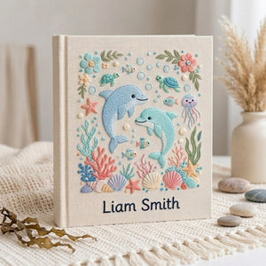 Hand Embroidered Baby Photo Album, Personalized Ocean Baby Book, Custom Name Dolphin Sea Animal Nursery Keepsake, Baby Shower Gift