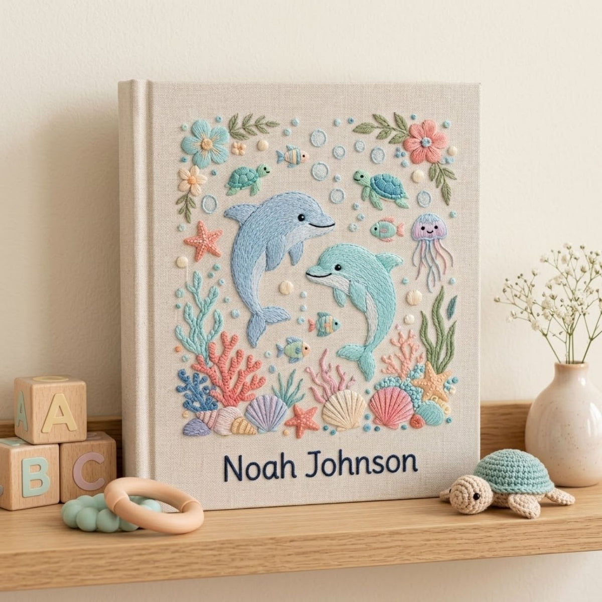 Hand Embroidered Baby Photo Album, Personalized Ocean Baby Book, Custom Name Dolphin Sea Animal Nursery Keepsake, Baby Shower Gift