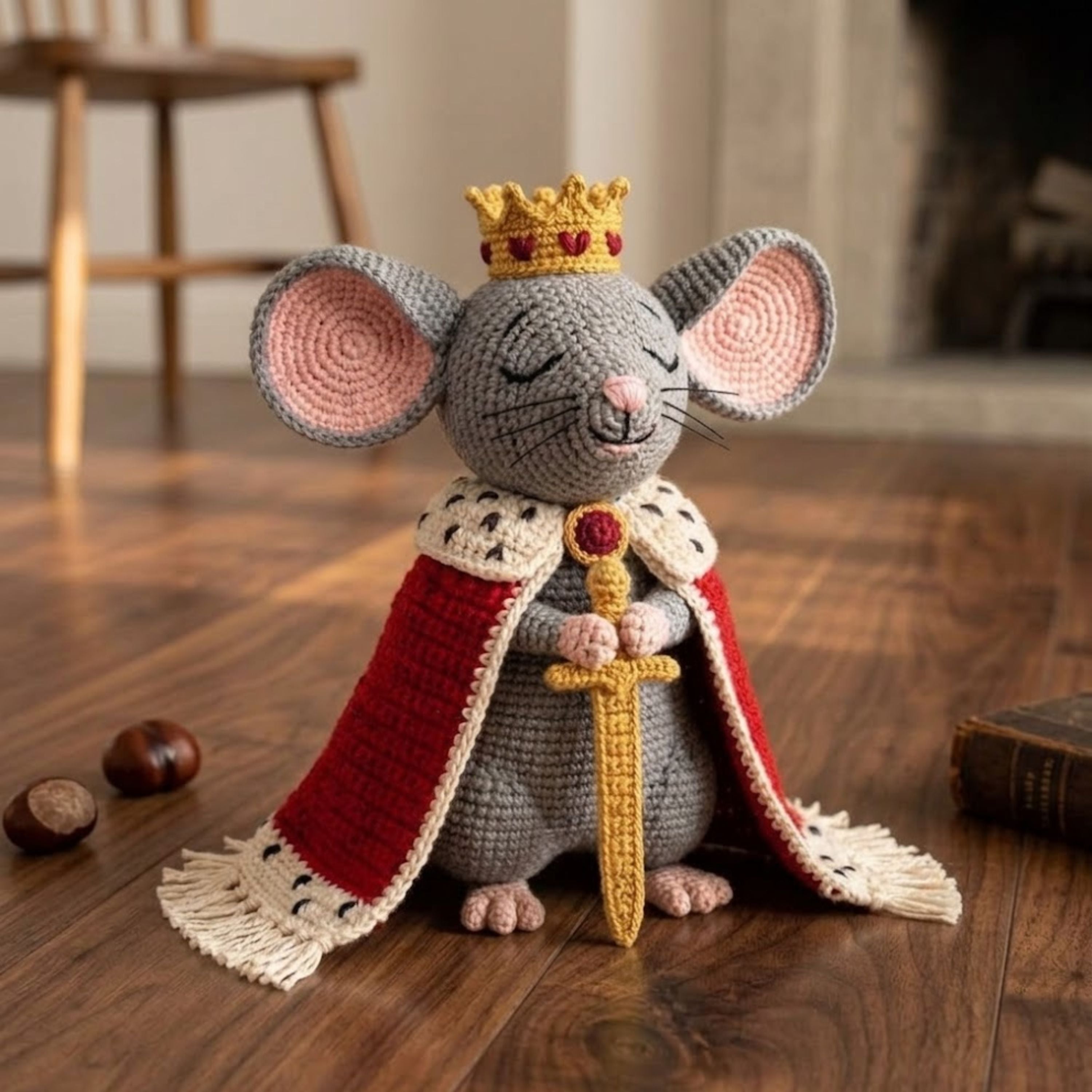 Crochet King Mouse Plush, Handmade Royal Amigurumi Mouse Doll with Crown Cape Sword, Cute Nursery Decor Gift for Kids and Collectors Toy Set