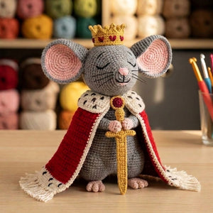 Crochet King Mouse Plush, Handmade Royal Amigurumi Mouse Doll with Crown Cape Sword, Cute Nursery Decor Gift for Kids and Collectors Toy Set