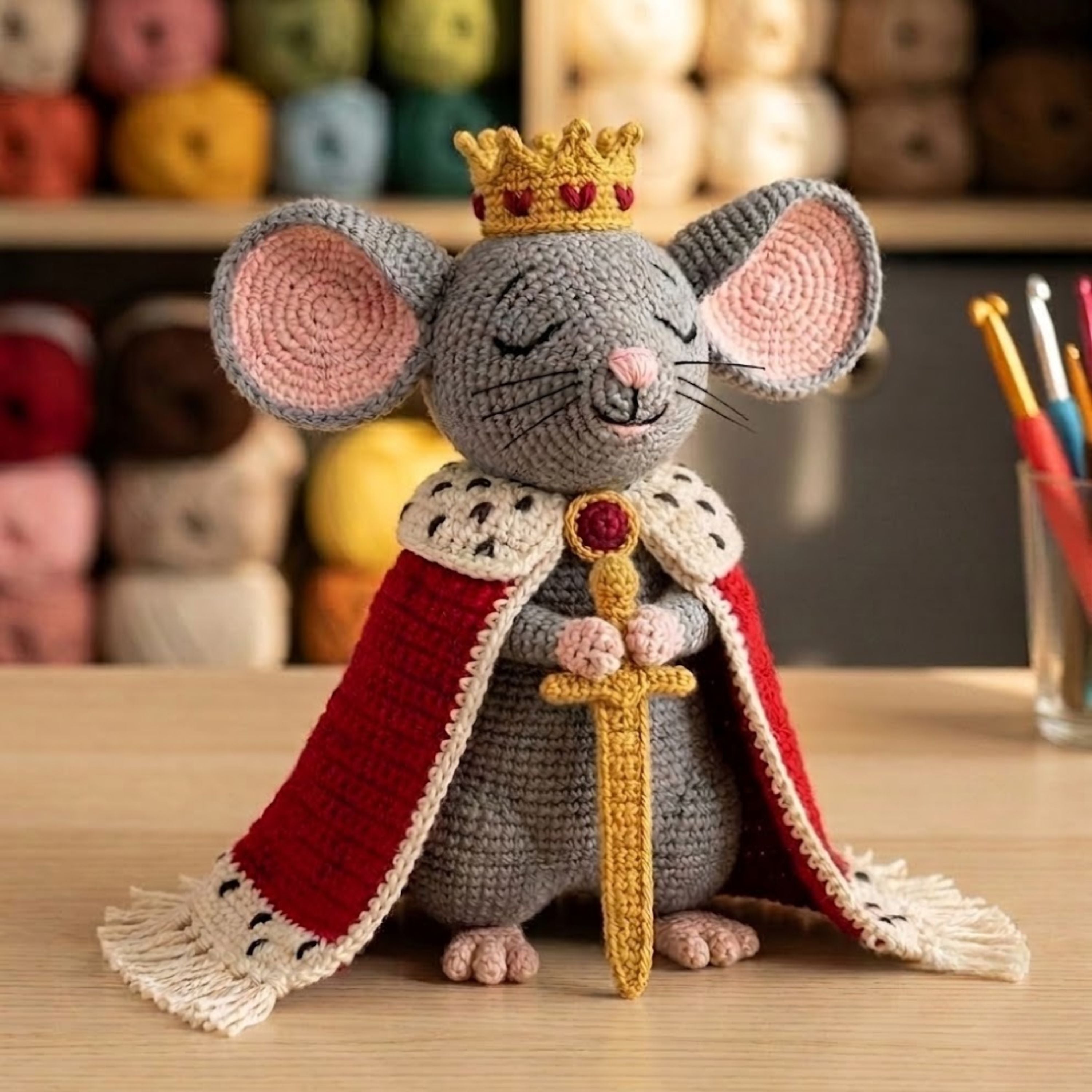 Crochet King Mouse Plush, Handmade Royal Amigurumi Mouse Doll with Crown Cape Sword, Cute Nursery Decor Gift for Kids and Collectors Toy Set
