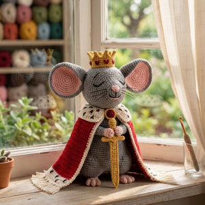 Crochet King Mouse Plush, Handmade Royal Amigurumi Mouse Doll with Crown Cape Sword, Cute Nursery Decor Gift for Kids and Collectors Toy Set