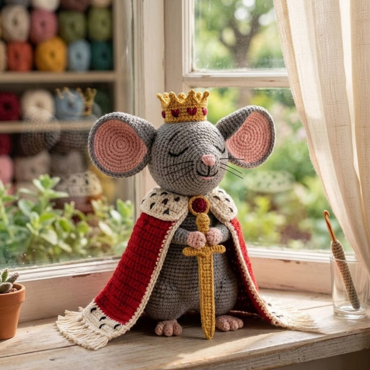 Crochet King Mouse Plush, Handmade Royal Amigurumi Mouse Doll with Crown Cape Sword, Cute Nursery Decor Gift for Kids and Collectors Toy Set