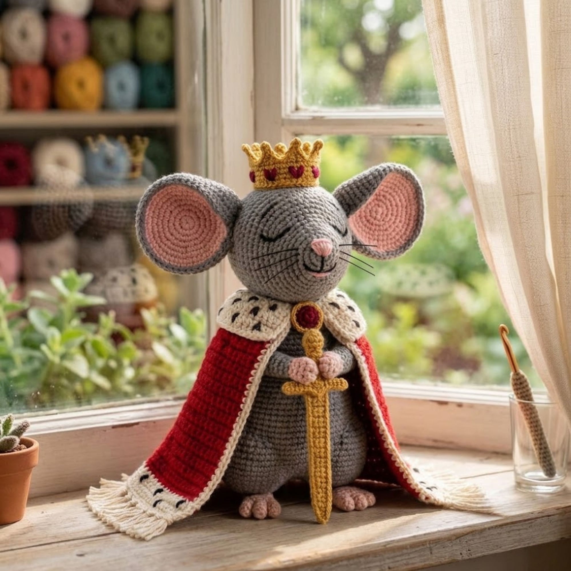 Crochet King Mouse Plush, Handmade Royal Amigurumi Mouse Doll with Crown Cape Sword, Cute Nursery Decor Gift for Kids and Collectors Toy Set