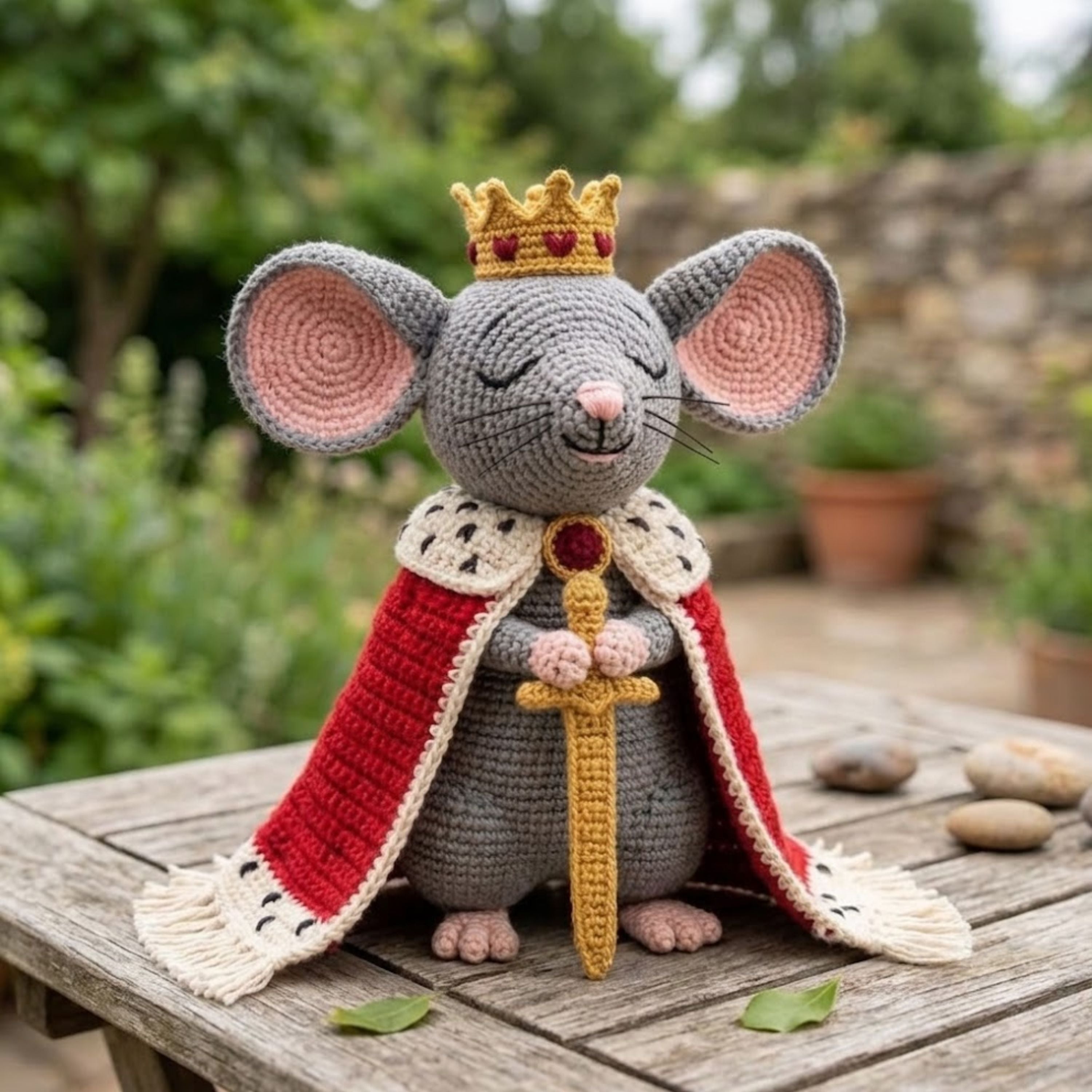 Crochet King Mouse Plush, Handmade Royal Amigurumi Mouse Doll with Crown Cape Sword, Cute Nursery Decor Gift for Kids and Collectors Toy Set