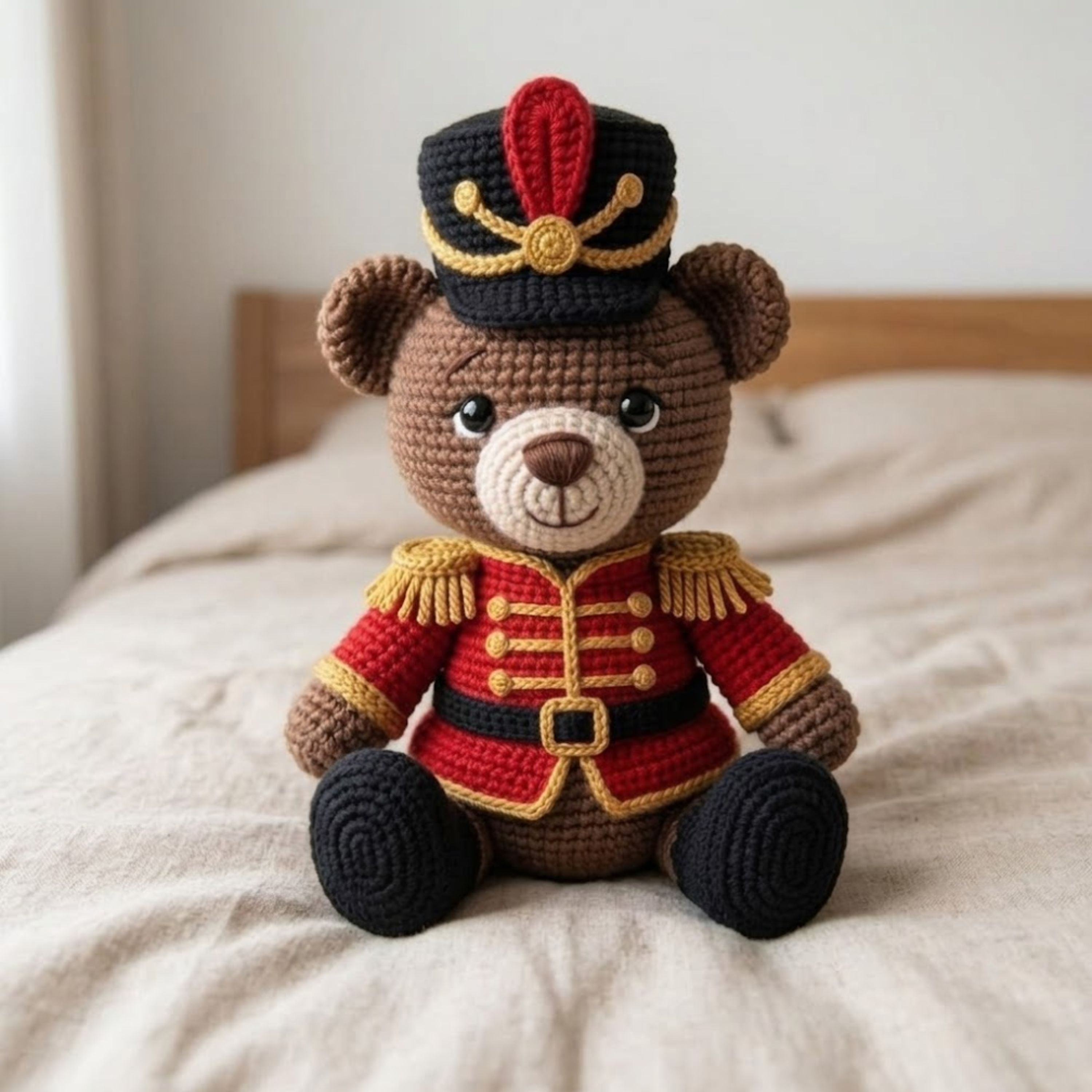 Crochet Soldier Bear Plush, Handmade Amigurumi Teddy Bear Doll in Royal Guard Uniform, Cute Nursery Decor Gift for Baby Kids Collectors Doll