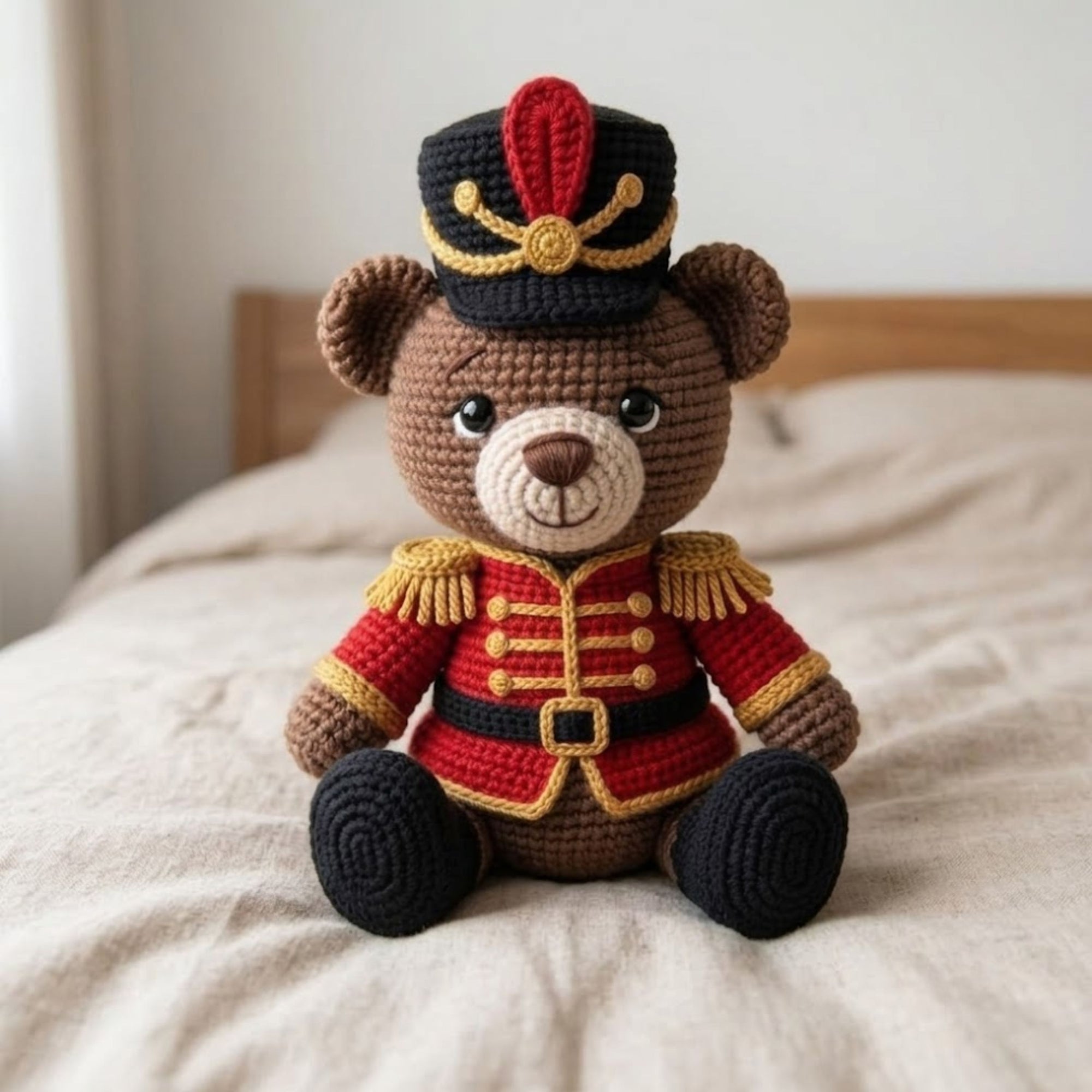 Crochet Soldier Bear Plush, Handmade Amigurumi Teddy Bear Doll in Royal Guard Uniform, Cute Nursery Decor Gift for Baby Kids Collectors Doll