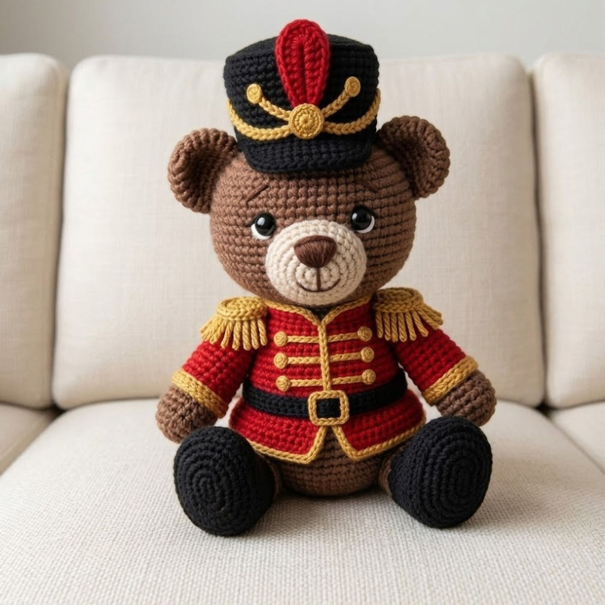 Crochet Soldier Bear Plush, Handmade Amigurumi Teddy Bear Doll in Royal Guard Uniform, Cute Nursery Decor Gift for Baby Kids Collectors Doll