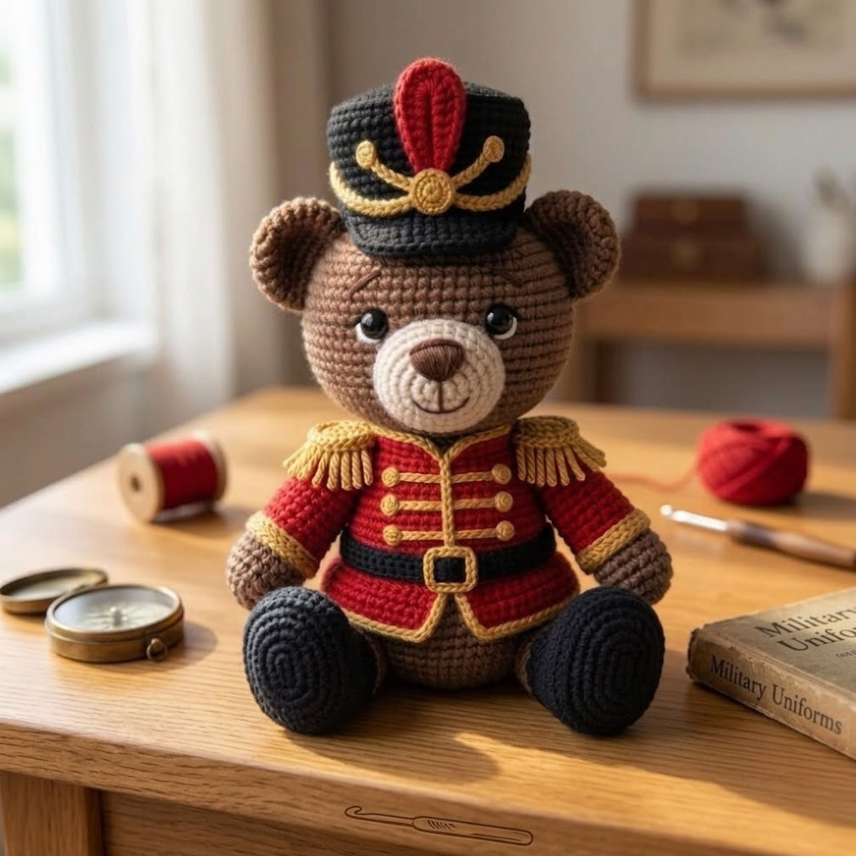 Crochet Soldier Bear Plush, Handmade Amigurumi Teddy Bear Doll in Royal Guard Uniform, Cute Nursery Decor Gift for Baby Kids Collectors Doll
