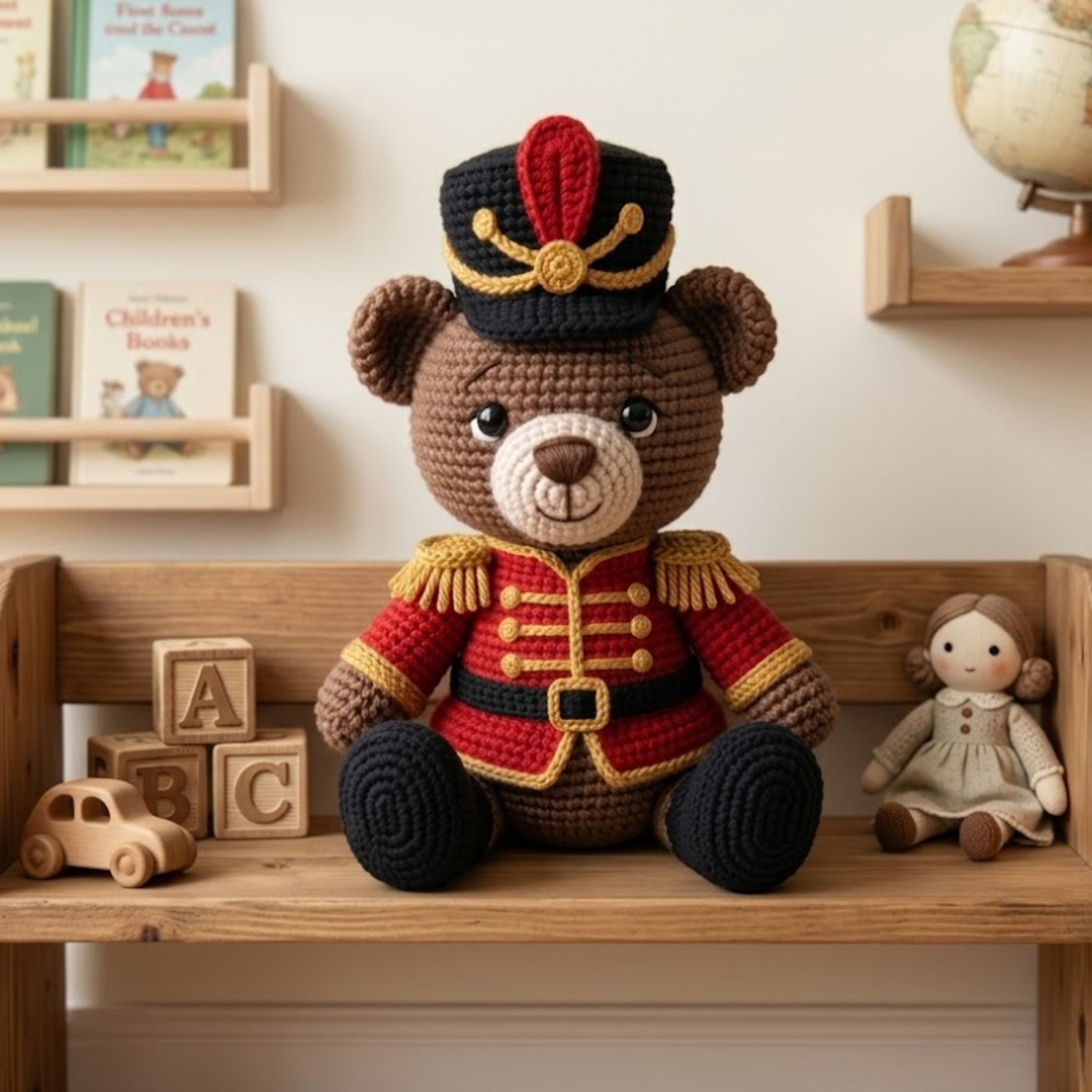Crochet Soldier Bear Plush, Handmade Amigurumi Teddy Bear Doll in Royal Guard Uniform, Cute Nursery Decor Gift for Baby Kids Collectors Doll