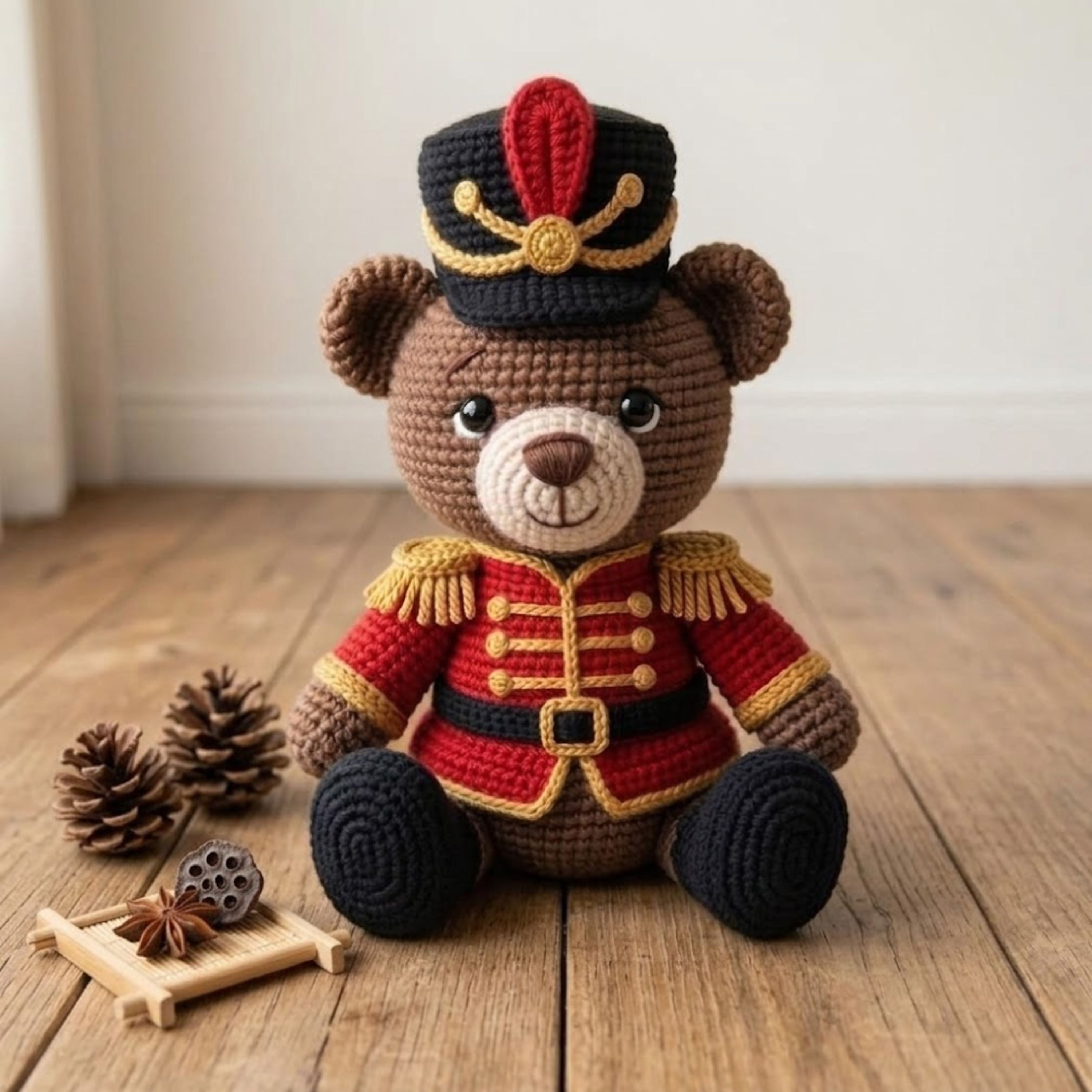 Crochet Soldier Bear Plush, Handmade Amigurumi Teddy Bear Doll in Royal Guard Uniform, Cute Nursery Decor Gift for Baby Kids Collectors Doll