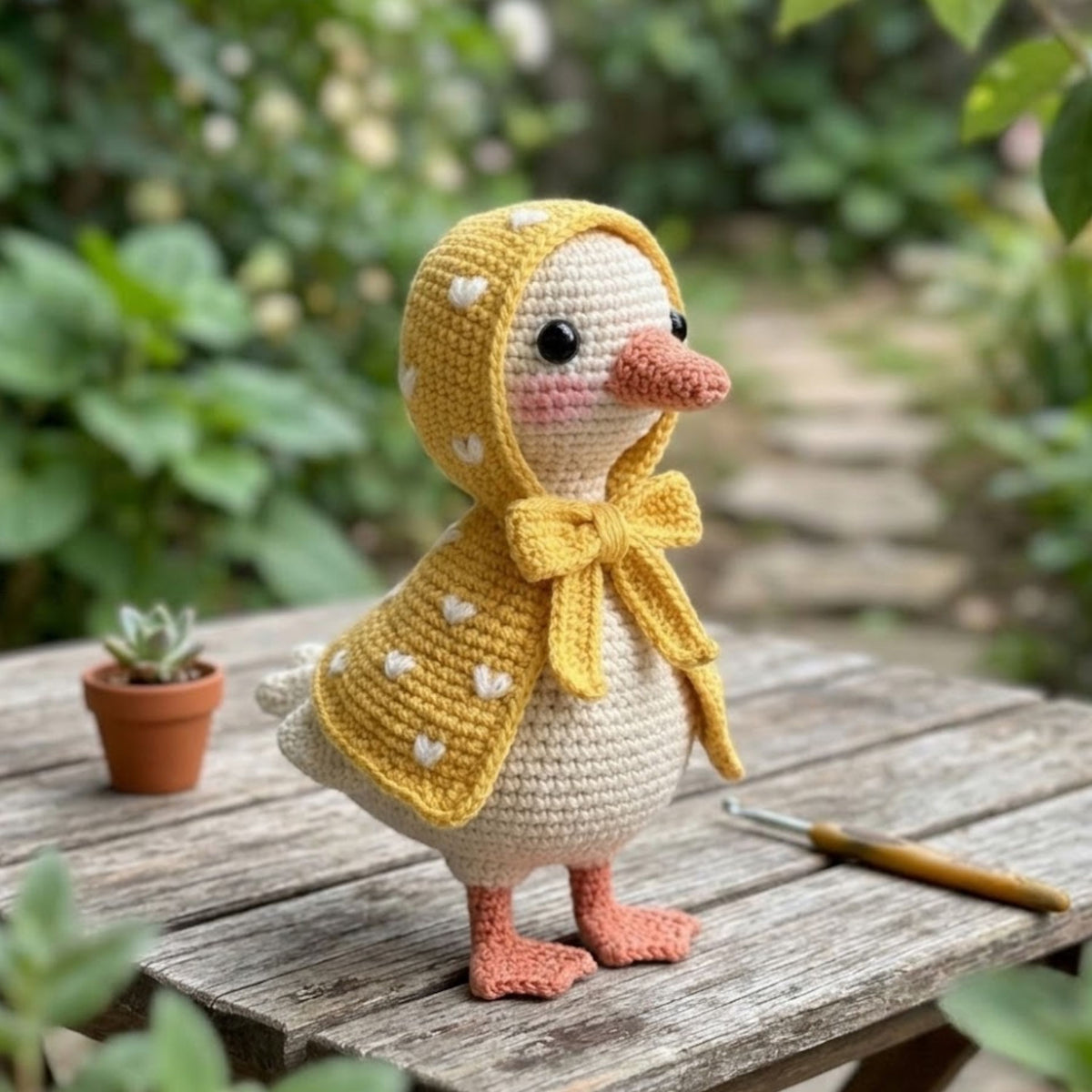 Crochet Duck Plush in Yellow Hooded Raincoat, Handmade Amigurumi Goose Doll, Cute Farm Animal Nursery Decor Gift for Kids Collectors Toy Set