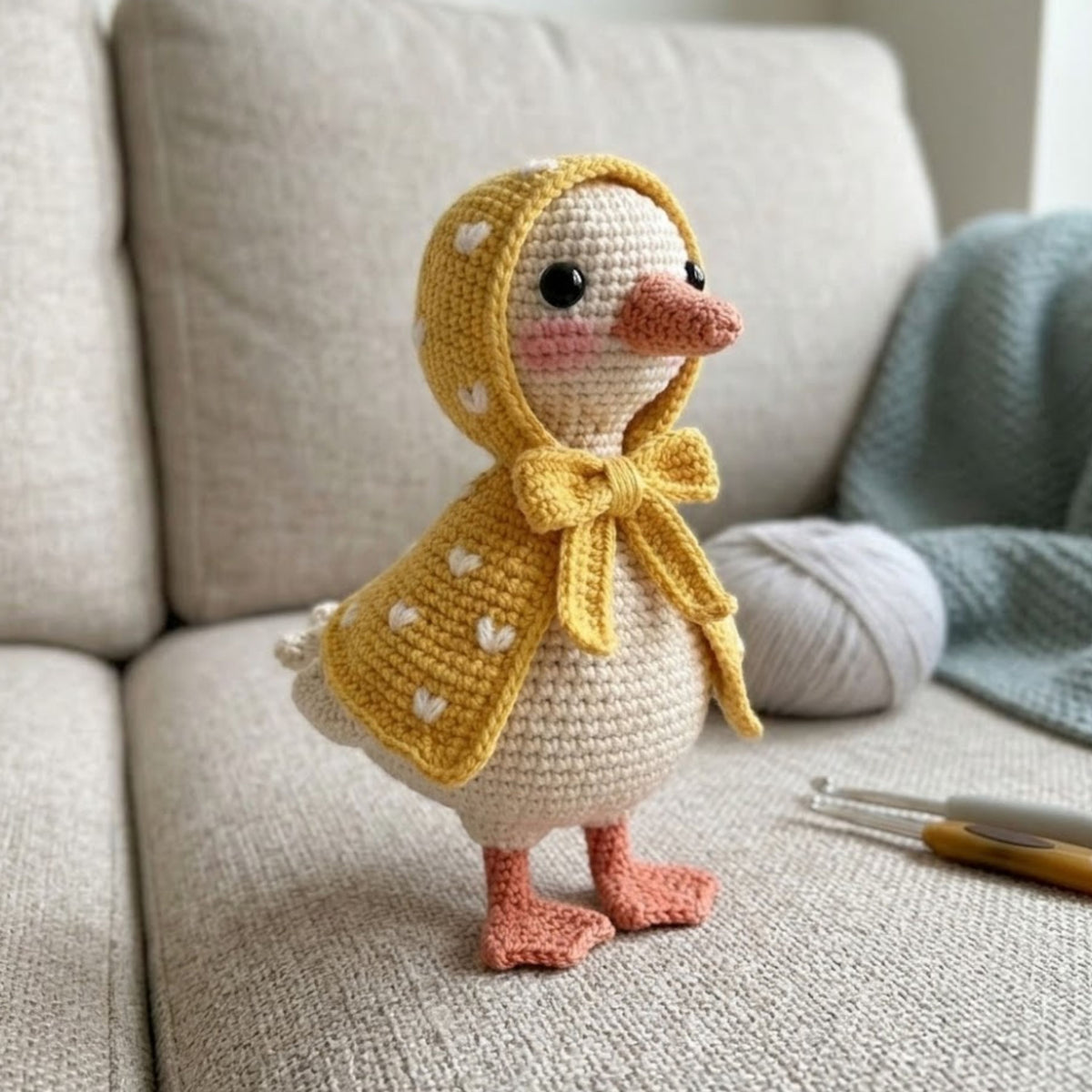 Crochet Duck Plush in Yellow Hooded Raincoat, Handmade Amigurumi Goose Doll, Cute Farm Animal Nursery Decor Gift for Kids Collectors Toy Set
