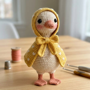 Crochet Duck Plush in Yellow Hooded Raincoat, Handmade Amigurumi Goose Doll, Cute Farm Animal Nursery Decor Gift for Kids Collectors Toy Set