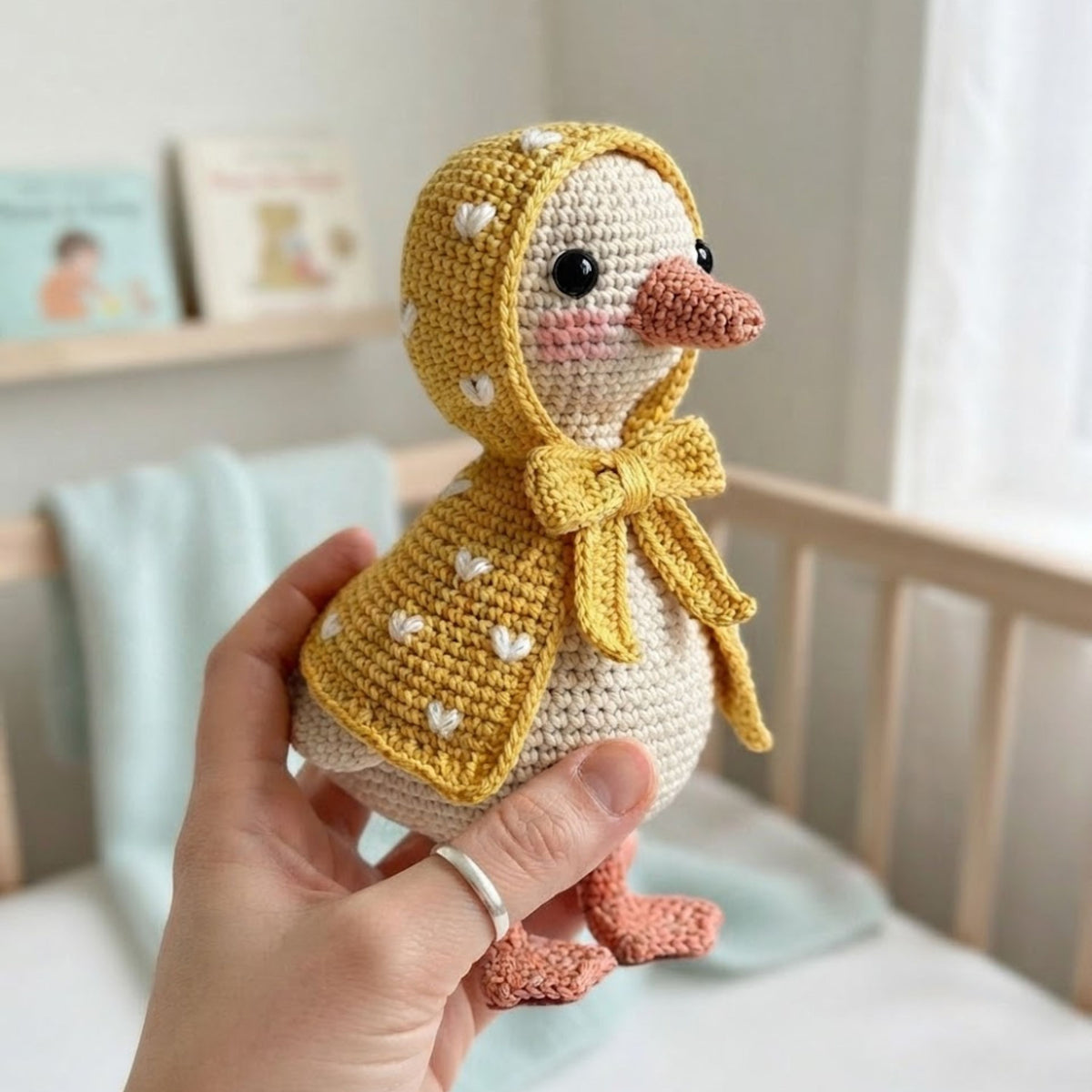 Crochet Duck Plush in Yellow Hooded Raincoat, Handmade Amigurumi Goose Doll, Cute Farm Animal Nursery Decor Gift for Kids Collectors Toy Set