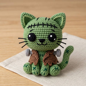 Crochet Frankenstein Cat Plush Handmade Amigurumi Monster Kitty Doll, Cute Halloween Nursery Decor Gift for Kids Collectors Shelf Decor Toys