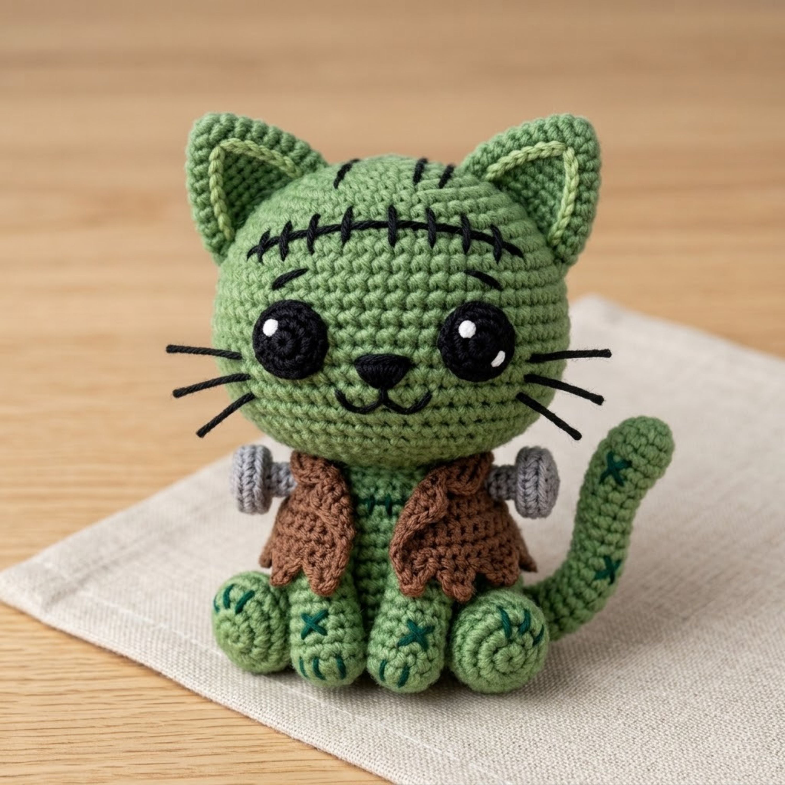 Crochet Frankenstein Cat Plush Handmade Amigurumi Monster Kitty Doll, Cute Halloween Nursery Decor Gift for Kids Collectors Shelf Decor Toys