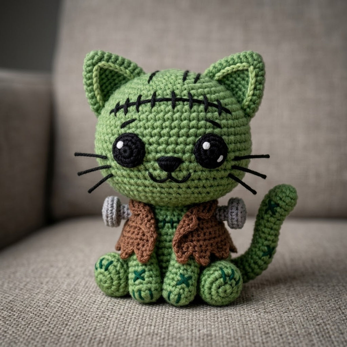 Crochet Frankenstein Cat Plush Handmade Amigurumi Monster Kitty Doll, Cute Halloween Nursery Decor Gift for Kids Collectors Shelf Decor Toys