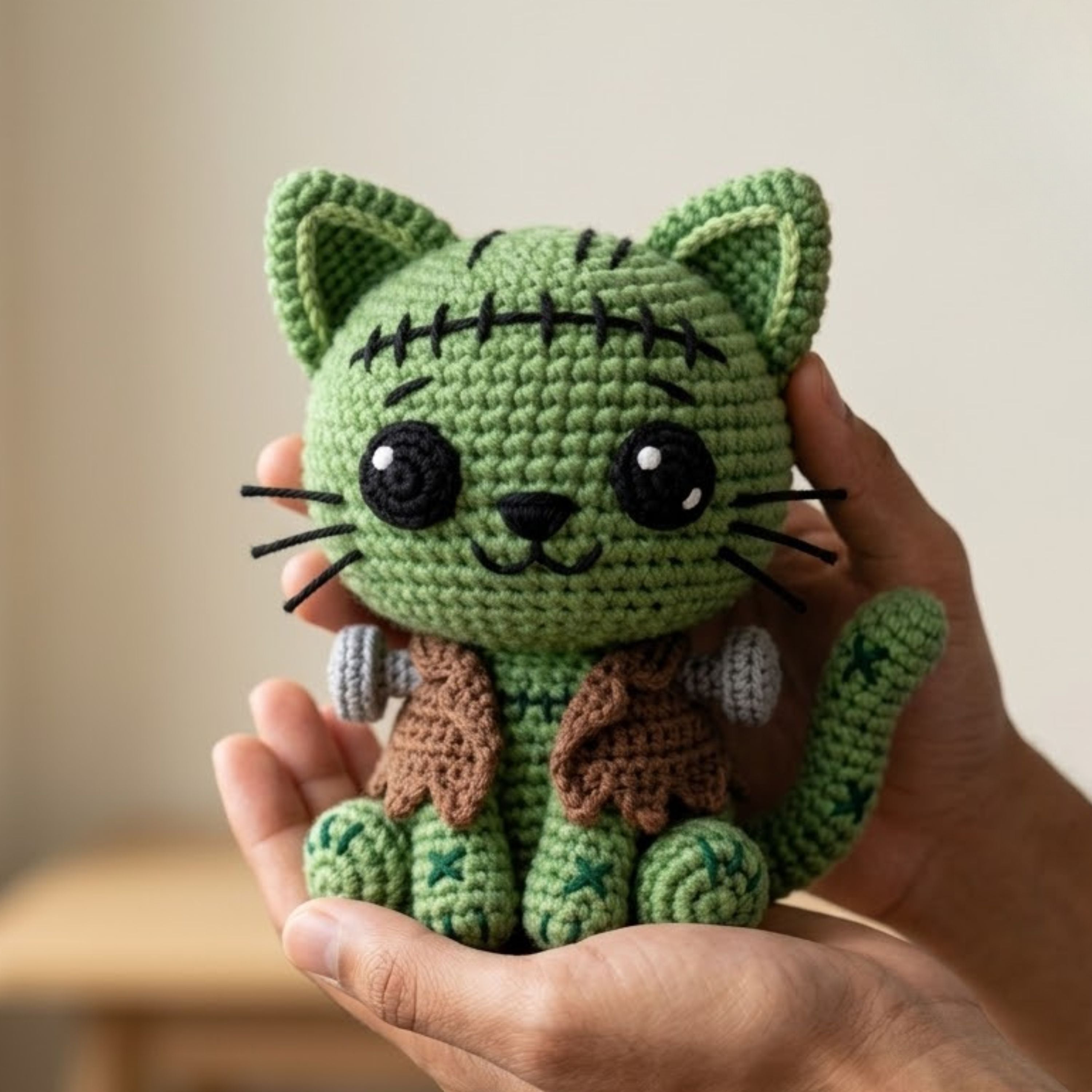 Crochet Frankenstein Cat Plush Handmade Amigurumi Monster Kitty Doll, Cute Halloween Nursery Decor Gift for Kids Collectors Shelf Decor Toys