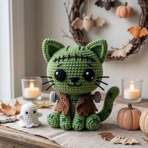 Crochet Frankenstein Cat Plush Handmade Amigurumi Monster Kitty Doll, Cute Halloween Nursery Decor Gift for Kids Collectors Shelf Decor Toys