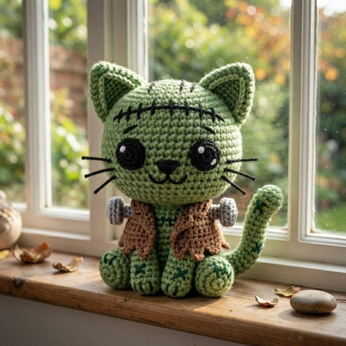 Crochet Frankenstein Cat Plush Handmade Amigurumi Monster Kitty Doll, Cute Halloween Nursery Decor Gift for Kids Collectors Shelf Decor Toys
