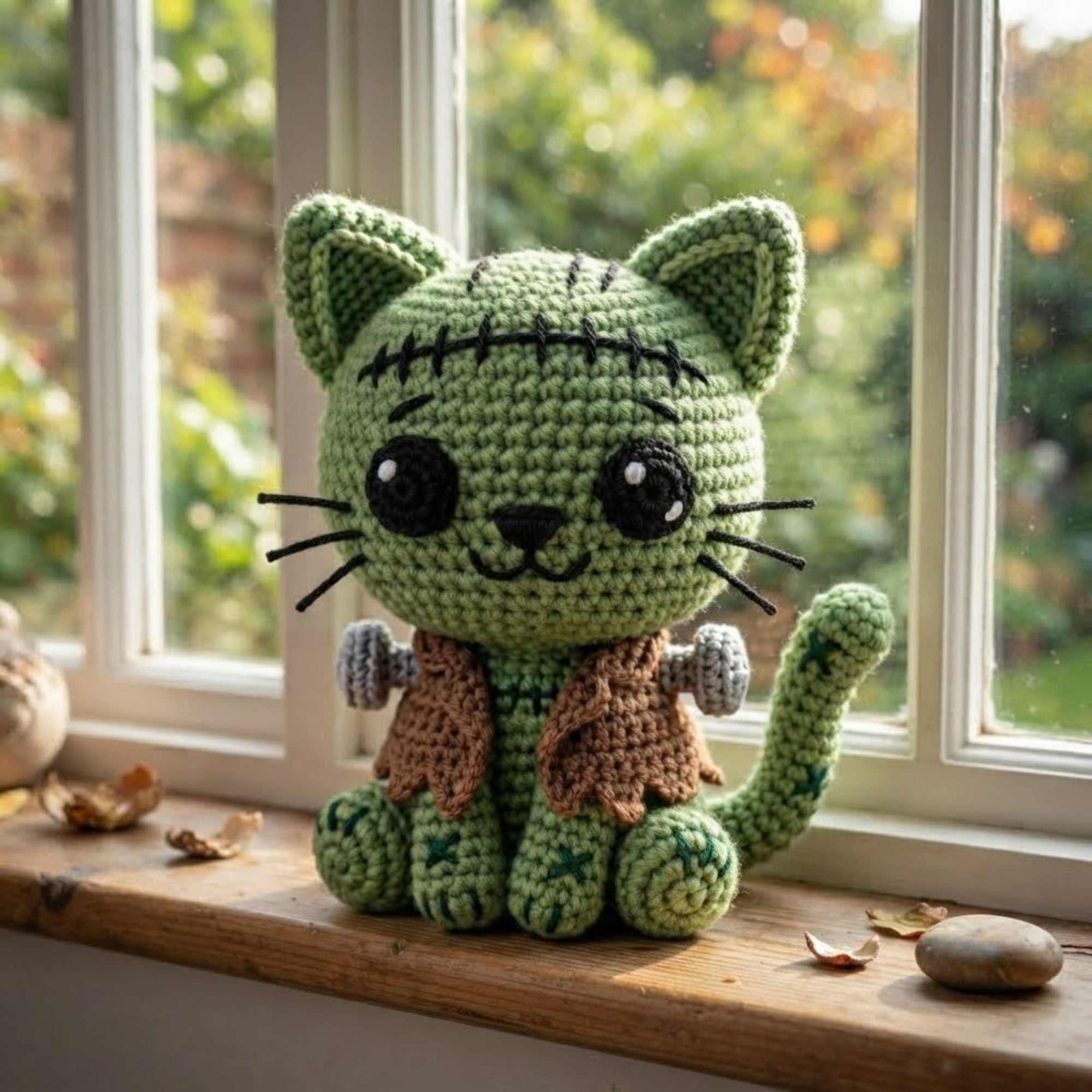 Crochet Frankenstein Cat Plush Handmade Amigurumi Monster Kitty Doll, Cute Halloween Nursery Decor Gift for Kids Collectors Shelf Decor Toys