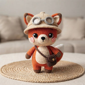 Crochet Explorer Fox Plush, Handmade Amigurumi Fox Doll with Safari Hat Goggles Bag Cute Woodland Nursery Decor Gift for Kids Collectors Toy