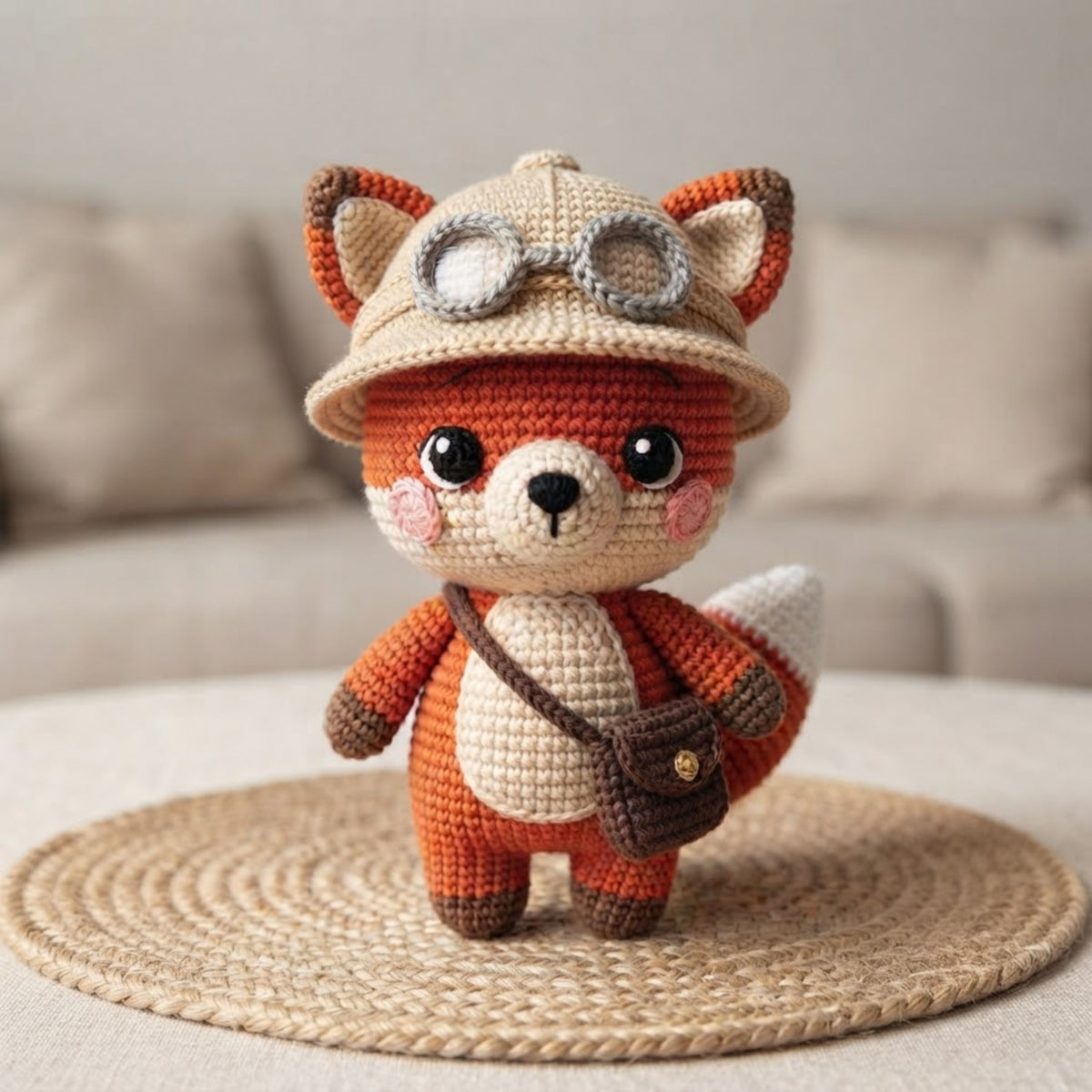 Crochet Explorer Fox Plush, Handmade Amigurumi Fox Doll with Safari Hat Goggles Bag Cute Woodland Nursery Decor Gift for Kids Collectors Toy