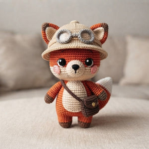 Crochet Explorer Fox Plush, Handmade Amigurumi Fox Doll with Safari Hat Goggles Bag Cute Woodland Nursery Decor Gift for Kids Collectors Toy
