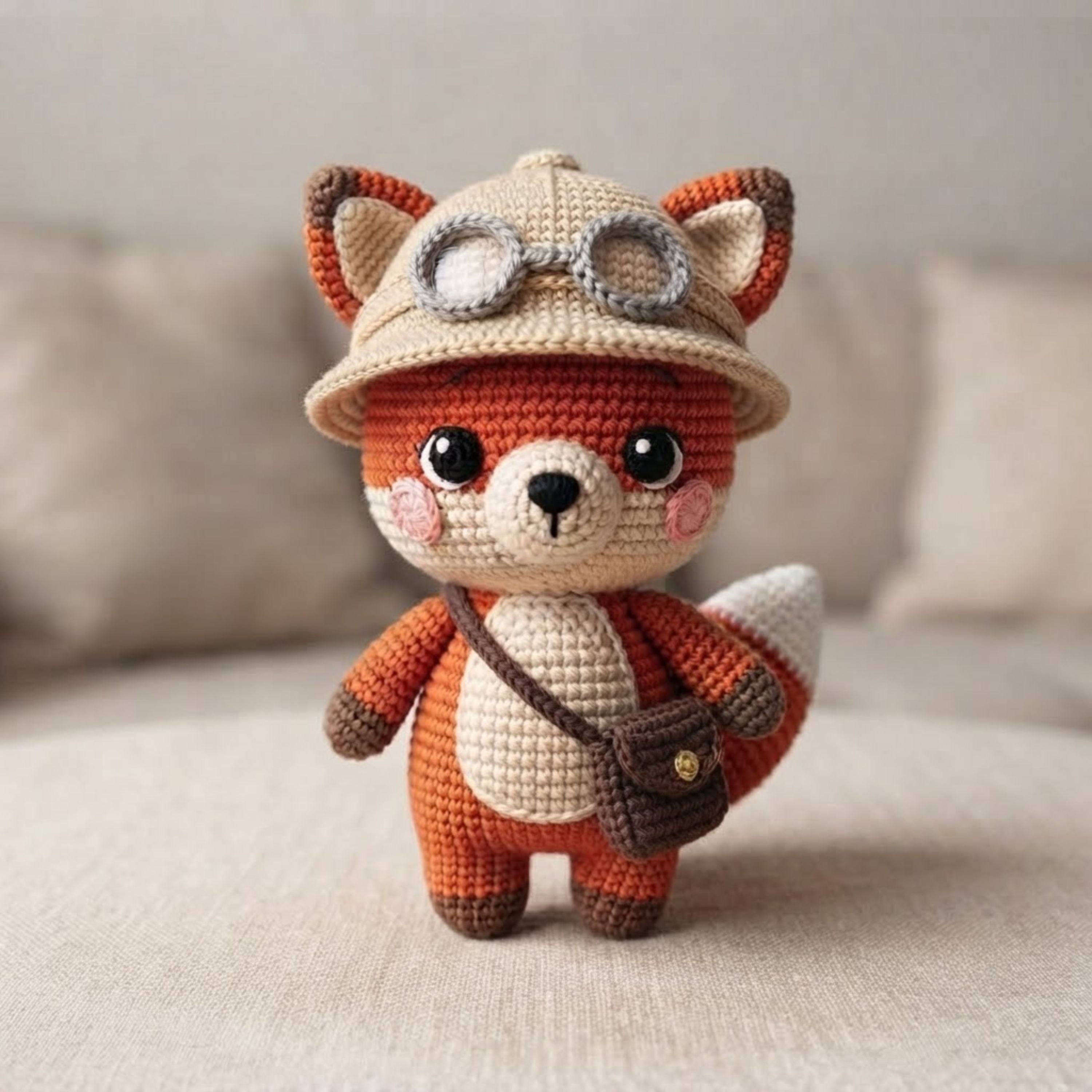 Crochet Explorer Fox Plush, Handmade Amigurumi Fox Doll with Safari Hat Goggles Bag Cute Woodland Nursery Decor Gift for Kids Collectors Toy