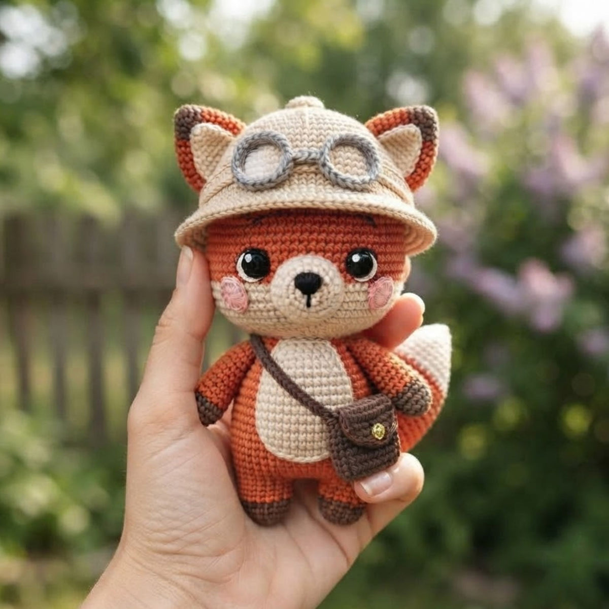Crochet Explorer Fox Plush, Handmade Amigurumi Fox Doll with Safari Hat Goggles Bag Cute Woodland Nursery Decor Gift for Kids Collectors Toy