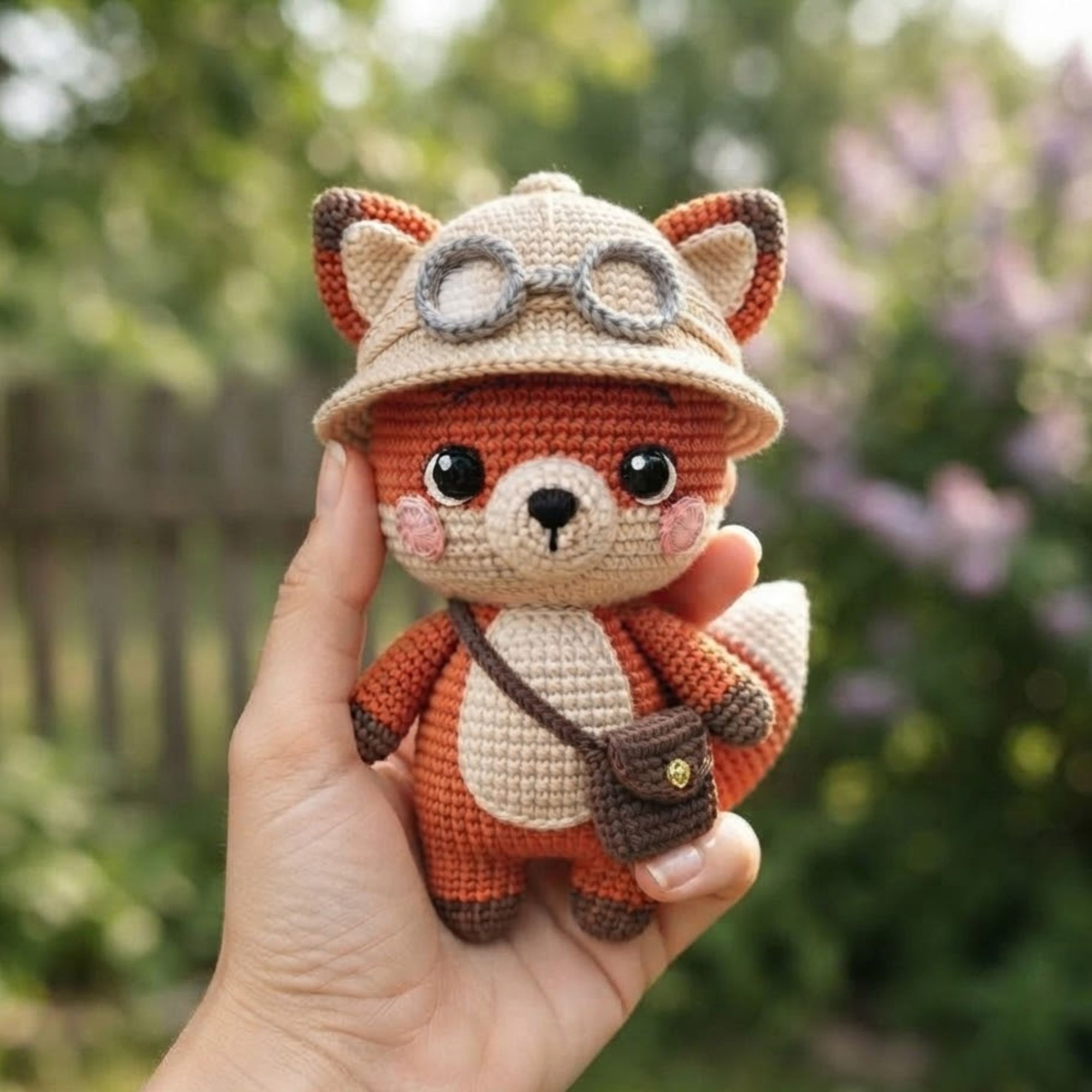 Crochet Explorer Fox Plush, Handmade Amigurumi Fox Doll with Safari Hat Goggles Bag Cute Woodland Nursery Decor Gift for Kids Collectors Toy