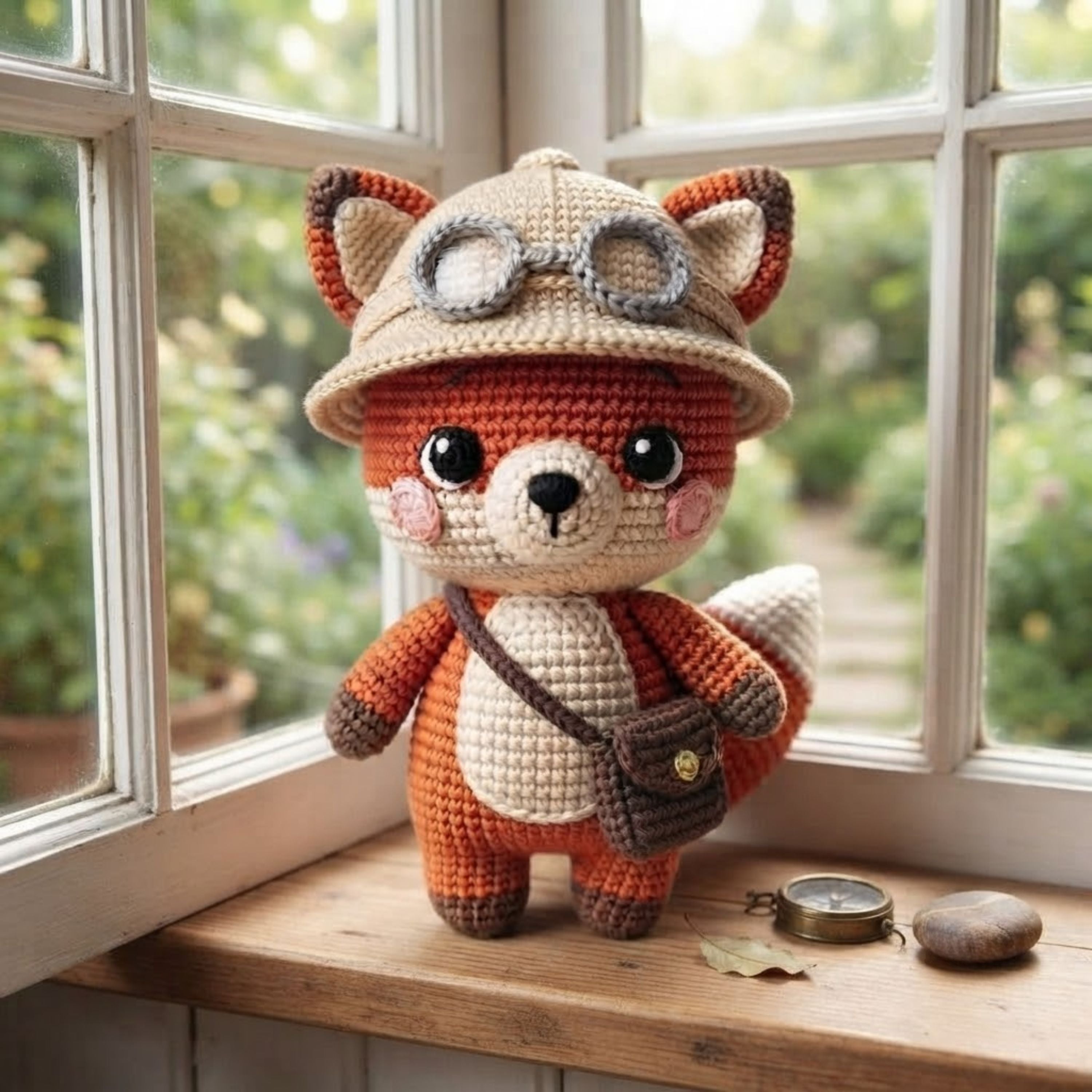 Crochet Explorer Fox Plush, Handmade Amigurumi Fox Doll with Safari Hat Goggles Bag Cute Woodland Nursery Decor Gift for Kids Collectors Toy