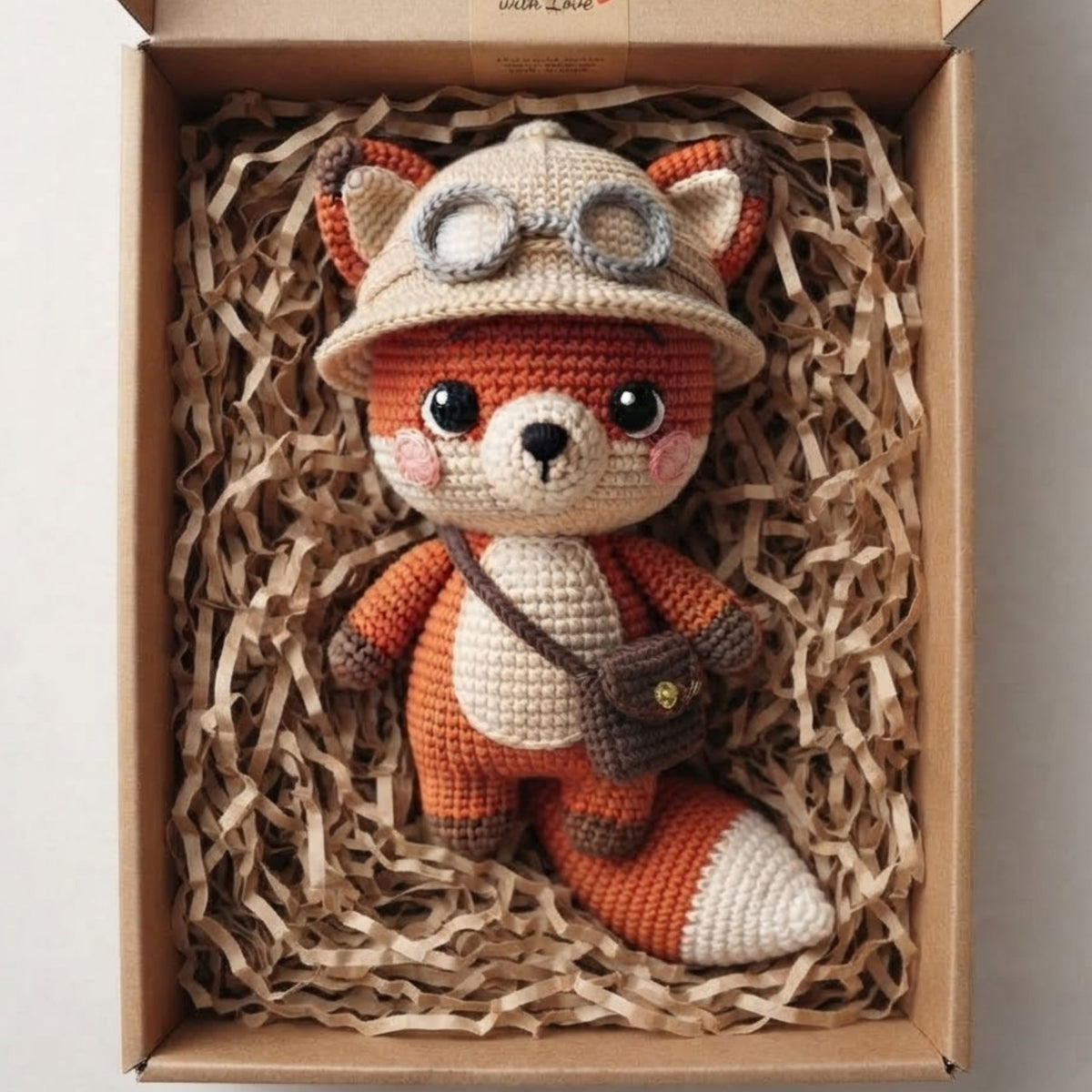 Crochet Explorer Fox Plush, Handmade Amigurumi Fox Doll with Safari Hat Goggles Bag Cute Woodland Nursery Decor Gift for Kids Collectors Toy