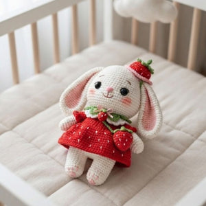 Crochet Strawberry Bunny Plush, Handmade Amigurumi Rabbit Doll in Berry Dress, Cute Nursery Decor Gift for Baby Kids Collectors Display Toys
