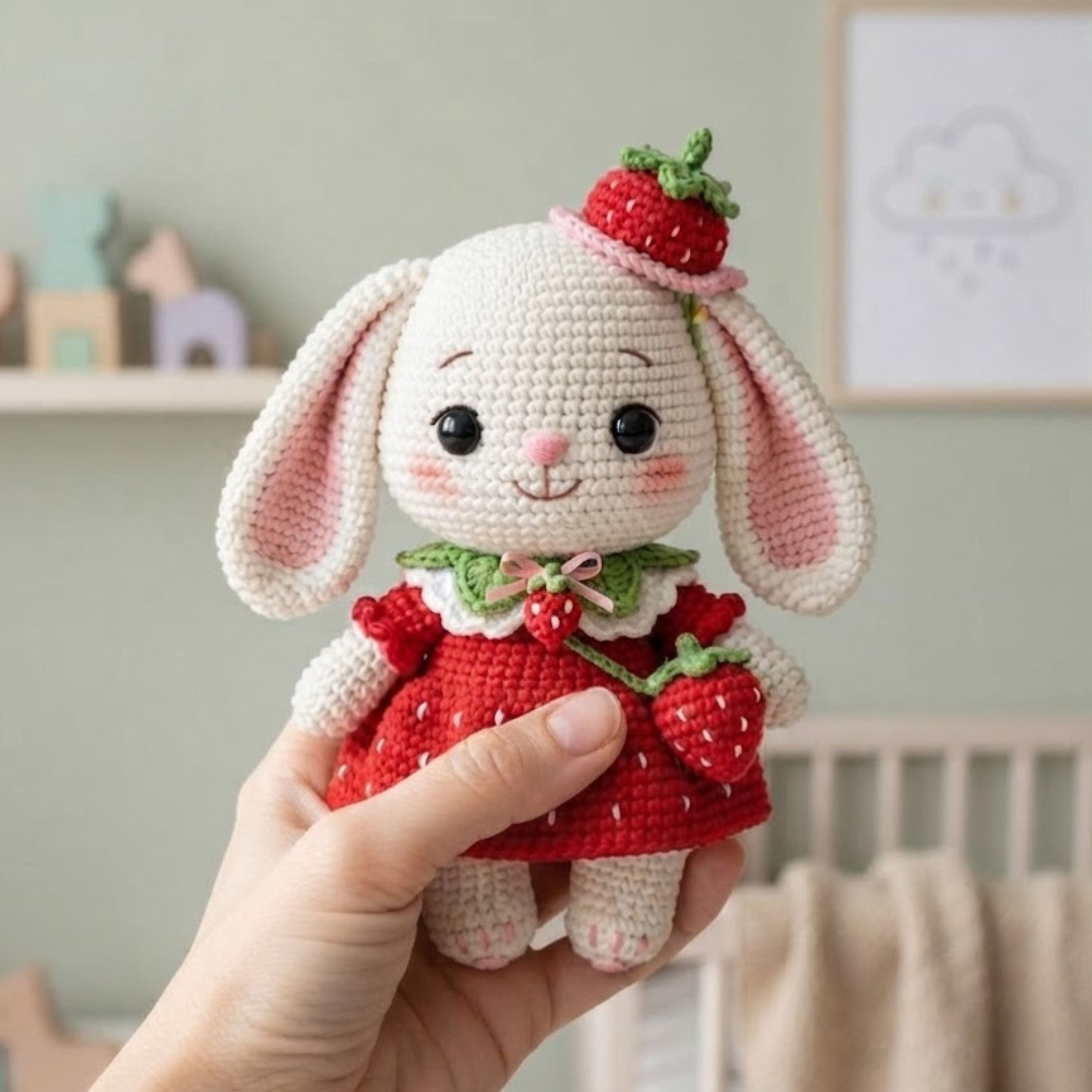 Crochet Strawberry Bunny Plush, Handmade Amigurumi Rabbit Doll in Berry Dress, Cute Nursery Decor Gift for Baby Kids Collectors Display Toys