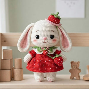 Crochet Strawberry Bunny Plush, Handmade Amigurumi Rabbit Doll in Berry Dress, Cute Nursery Decor Gift for Baby Kids Collectors Display Toys