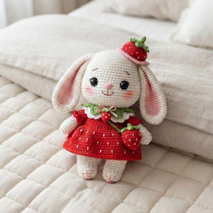 Crochet Strawberry Bunny Plush, Handmade Amigurumi Rabbit Doll in Berry Dress, Cute Nursery Decor Gift for Baby Kids Collectors Display Toys