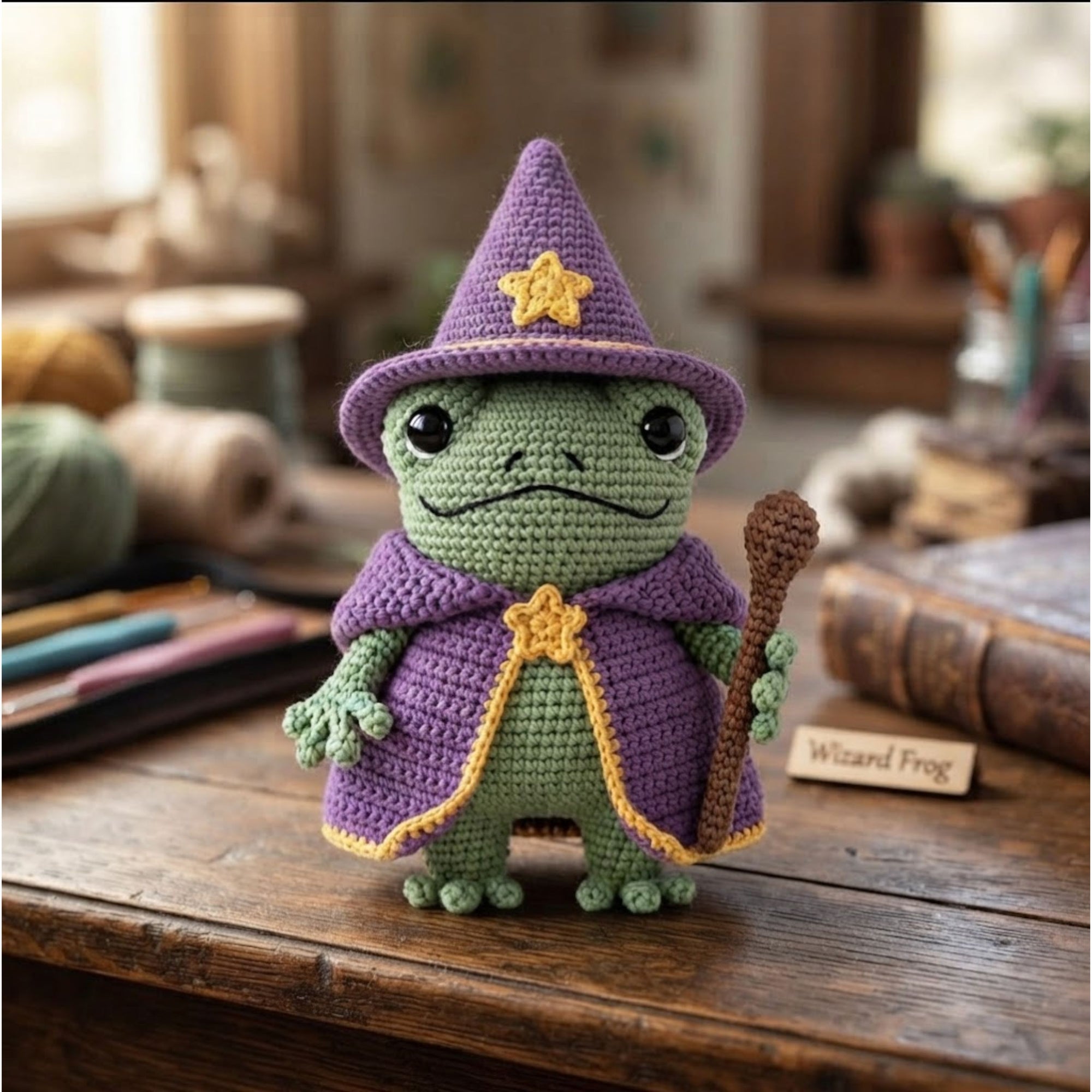 Crochet Wizard Frog Plush, Handmade Amigurumi Frog Doll with Purple Hat Cape Wand, Cute Fantasy Nursery Decor Gift for Kids Collectors Decor