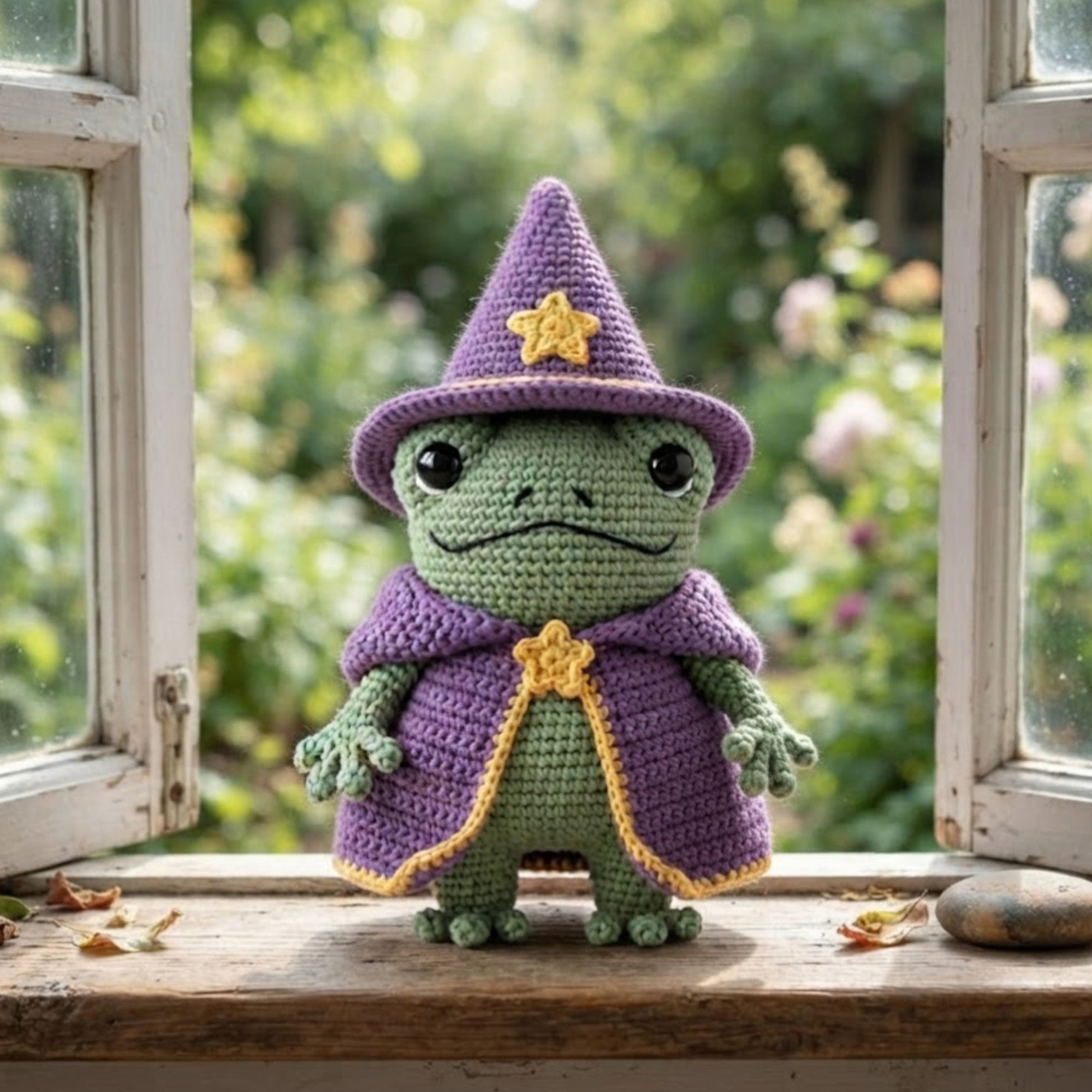 Crochet Wizard Frog Plush, Handmade Amigurumi Frog Doll with Purple Hat Cape Wand, Cute Fantasy Nursery Decor Gift for Kids Collectors Decor