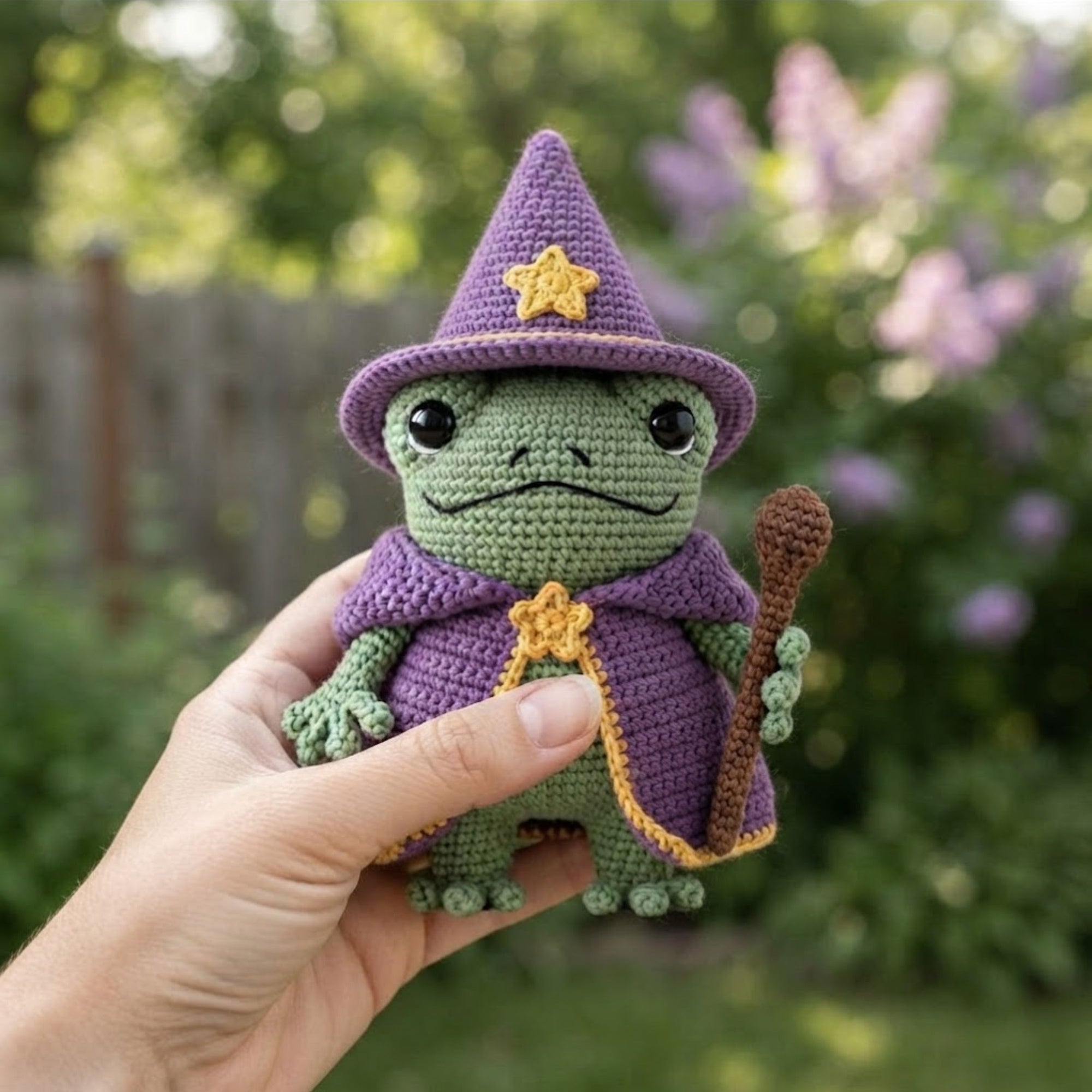 Crochet Wizard Frog Plush, Handmade Amigurumi Frog Doll with Purple Hat Cape Wand, Cute Fantasy Nursery Decor Gift for Kids Collectors Decor