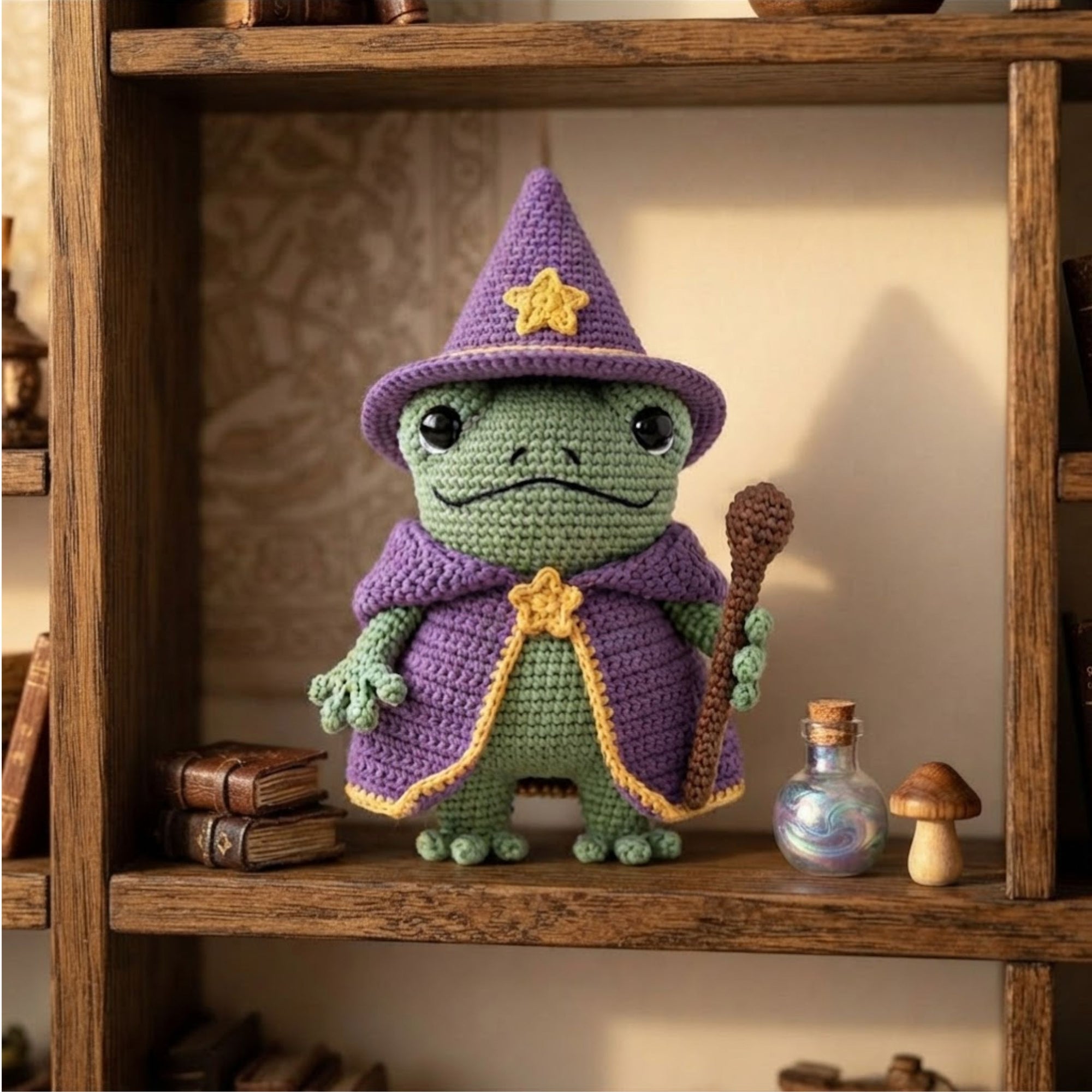Crochet Wizard Frog Plush, Handmade Amigurumi Frog Doll with Purple Hat Cape Wand, Cute Fantasy Nursery Decor Gift for Kids Collectors Decor