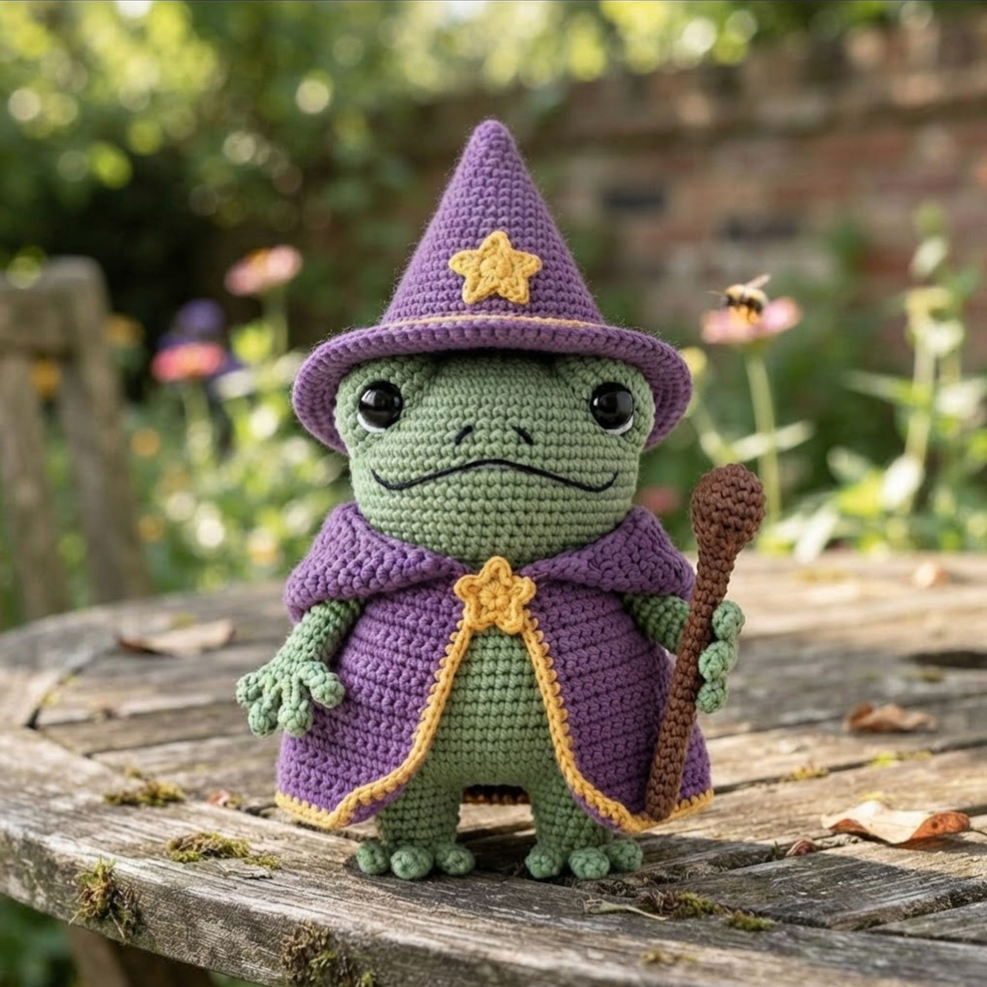 Crochet Wizard Frog Plush, Handmade Amigurumi Frog Doll with Purple Hat Cape Wand, Cute Fantasy Nursery Decor Gift for Kids Collectors Decor