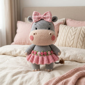 Crochet Hippo Plush, Handmade Amigurumi Hippo Doll with Pink Bow Skirt, Cute Safari Animal Nursery Decor Gift for Kids Collectors Shelf Toys