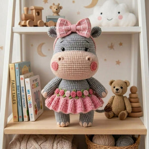 Crochet Hippo Plush, Handmade Amigurumi Hippo Doll with Pink Bow Skirt, Cute Safari Animal Nursery Decor Gift for Kids Collectors Shelf Toys