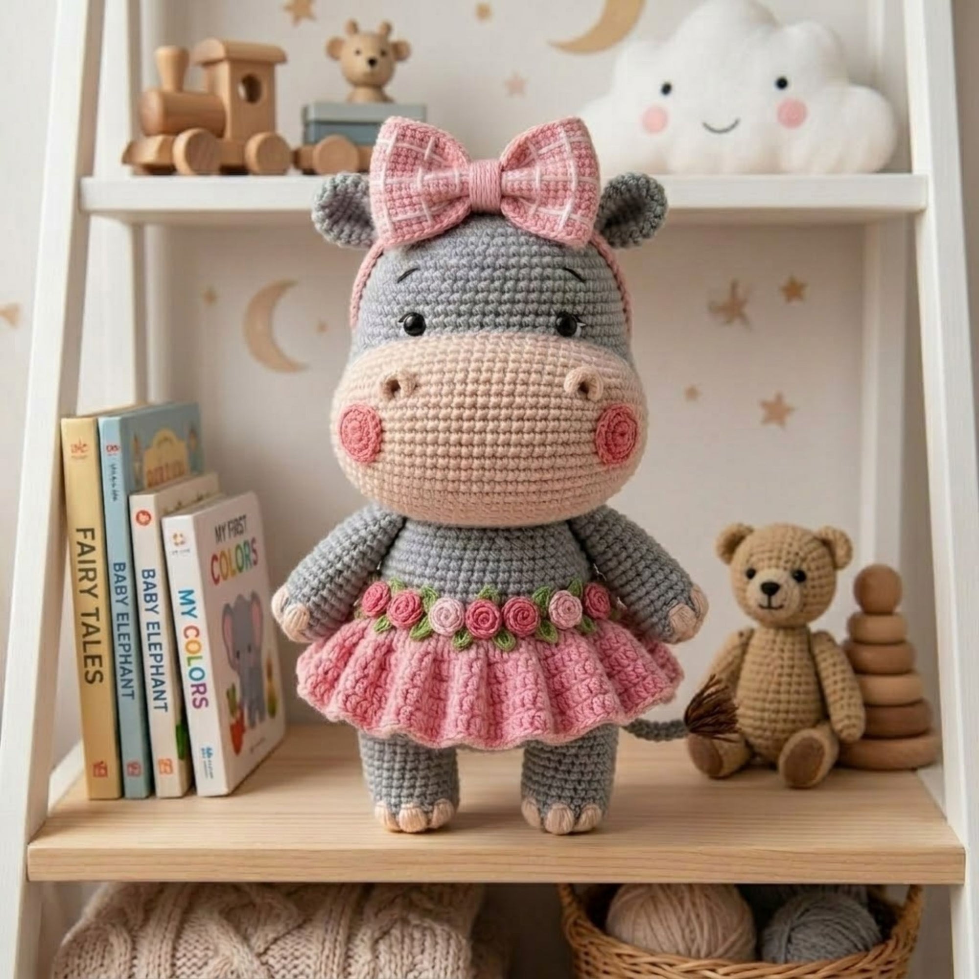Crochet Hippo Plush, Handmade Amigurumi Hippo Doll with Pink Bow Skirt, Cute Safari Animal Nursery Decor Gift for Kids Collectors Shelf Toys