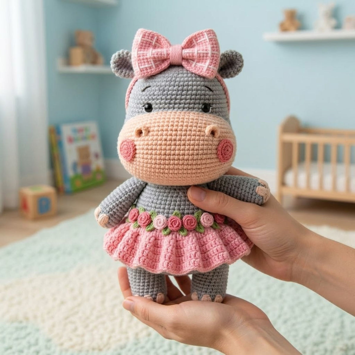 Crochet Hippo Plush, Handmade Amigurumi Hippo Doll with Pink Bow Skirt, Cute Safari Animal Nursery Decor Gift for Kids Collectors Shelf Toys