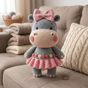 Crochet Hippo Plush, Handmade Amigurumi Hippo Doll with Pink Bow Skirt, Cute Safari Animal Nursery Decor Gift for Kids Collectors Shelf Toys